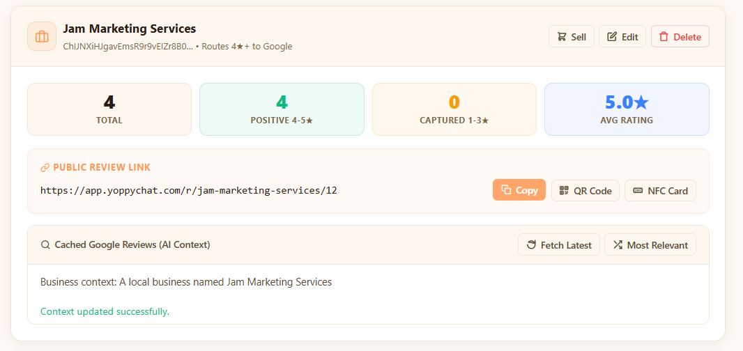 YoppyChat dashboard showing public review link, QR Code and NFC Card options with review stats